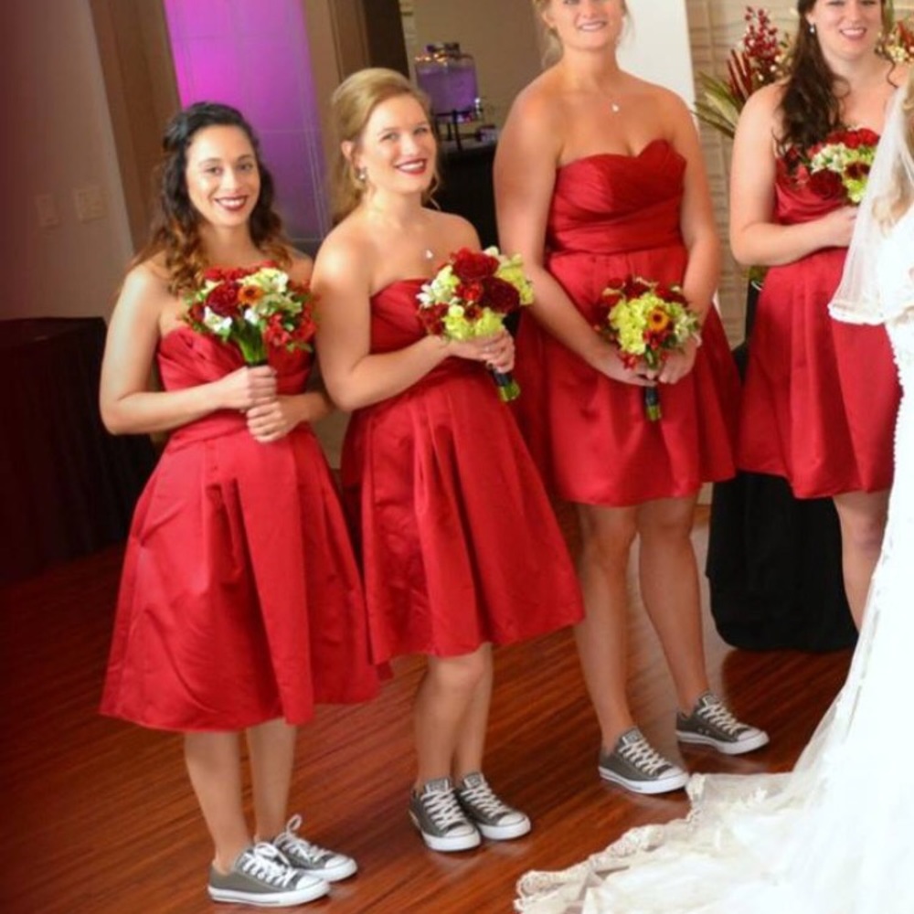 David’s Bridal bridesmaid dress. Apple color.
